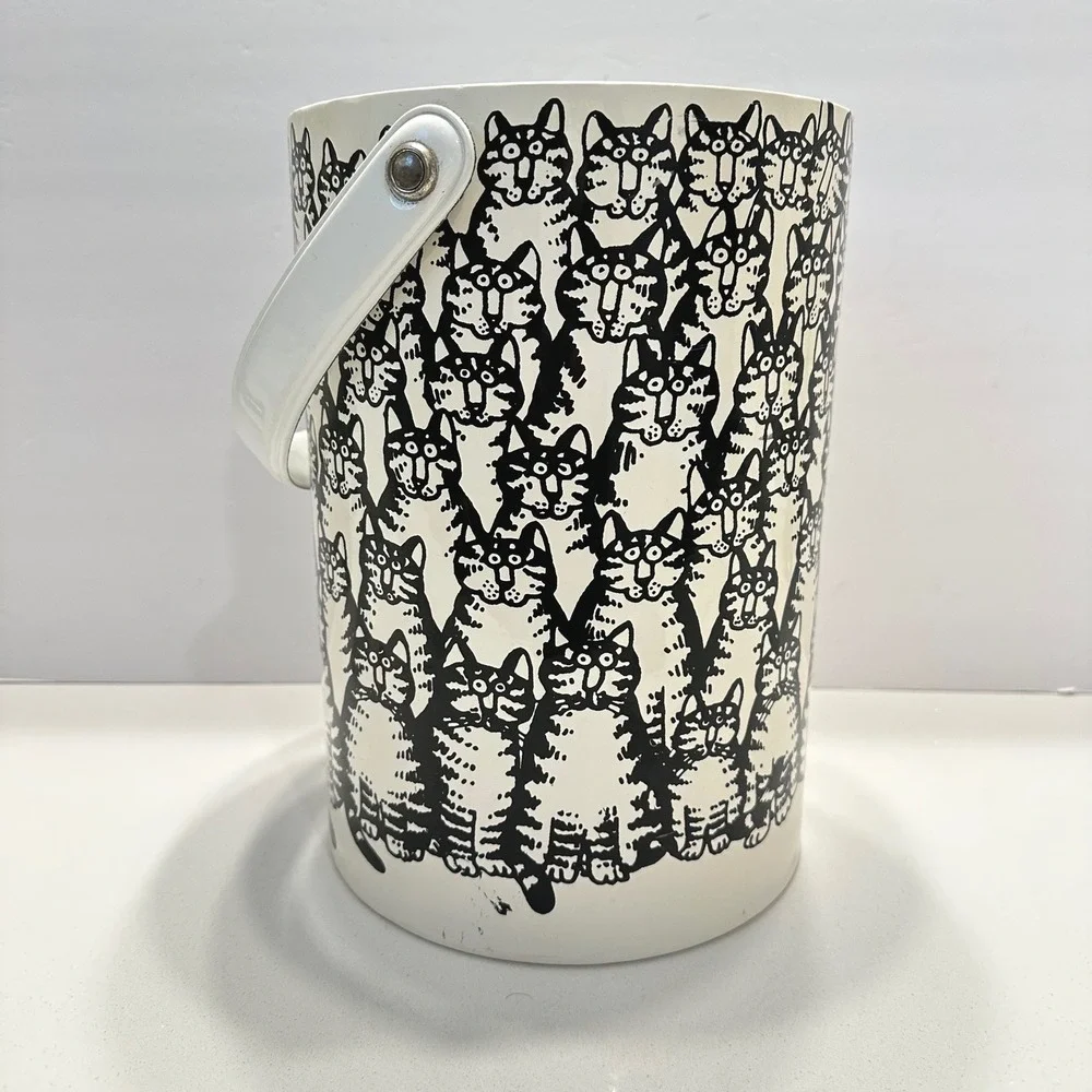 Vintage B Kliban Cat Crowd Ice Bucket White Black Retro Barware Insulated Lid